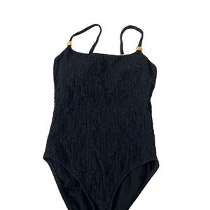 Black Textured One-Piece Swimsuit with Gold Accent